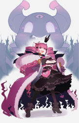  1girl black_pantyhose black_shirt black_skirt bubi_(ironmouse) coat commentary crossed_arms demon_girl demon_horns demon_tail drill_hair english_commentary epebe fang frilled_skirt frills fur-trimmed_coat fur_trim hair_ornament heart heart_hair_ornament highres horns ironmouse ironmouse_(brat_princess) long_hair looking_at_viewer open_mouth pantyhose pink_coat pink_hair purple_streaks shirt skin_fang skirt smile solo tail very_long_hair virtual_youtuber vshojo 