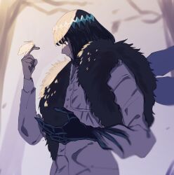  1boy awapontasu blanca_(fate) blurry bob_cut bug commentary_request crown fate/grand_order fate_(series) fur_scarf highres insect_on_finger insect_wings light_blush male_focus medium_hair moth oberon_(fate) oberon_(third_ascension)_(fate) solo upper_body vignetting wings 