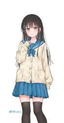  1girl black_hair black_thighhighs blue_bow blue_bowtie blue_sailor_collar blue_skirt blush bow bowtie brown_eyes cardigan closed_mouth collarbone commentary_request hair_ornament hairclip highres kutatsu_(kutatsu7) long_hair long_sleeves looking_at_viewer mole mole_under_eye original pleated_skirt sailor_collar school_uniform simple_background skirt smile solo thigh-highs white_background white_cardigan yuki_(kutatsu) zettai_ryouiki 