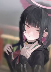  1girl absurdres animal_ears black_hair black_jacket blue_archive blush cat_ears cat_girl closed_mouth colored_inner_animal_ears colored_inner_hair commentary extra_ears green_sailor_collar halo highres jacket kazusa_(blue_archive) looking_at_viewer multicolored_hair neckerchief paplife pink_hair pink_halo red_eyes red_neckerchief sailor_collar short_hair solo symbol-only_commentary two-tone_hair v 