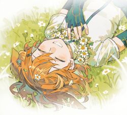  1girl animal_ears arknights black_gloves border closed_eyes crownslayer_(arknights) dopperu_ben elbow_gloves fading_border fingerless_gloves flower flower_necklace gloves grass grin highres hyena_ears lying on_back orange_hair shirt short_hair short_sleeves smile solo upper_body white_flower white_shirt 