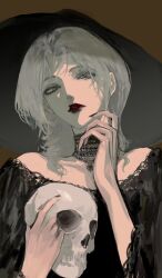  1girl absurdres bare_shoulders black_hat black_nails black_shirt brown_background choker commentary_request curtained_hair grey_eyes hands_up hat highres holding holding_skull lace lace_choker lips lipstick long_sleeves looking_at_viewer makeup mascara medium_hair nail_polish off-shoulder_shirt off_shoulder original parted_lips red_lips shirt skull solo upper_body waffle820 white_hair 