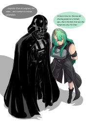  1boy 1girl absurdres arknights arms_behind_back bare_shoulders black_cape black_pants black_robe black_shirt cape commentary crossed_bangs crossover darth_vader english_commentary full_body green_hair hair_between_eyes hansi highres horns hoshiguma_(arknights) long_hair looking_to_the_side pants robe scar scar_on_cheek scar_on_face shirt simple_background single_horn skin-covered_horns sleeveless sleeveless_shirt speech_bubble standing star_wars white_background yellow_eyes 