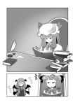  bespectacled blush book bow braid chair comic crescent desk flapping formal frown glasses hat head_wings inkwell koakuma long_hair monochrome necktie okuno_fuji patchouli_knowledge quill reading smile suit tea the_embodiment_of_scarlet_devil touhou wings 