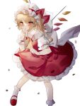  1girl :o ascot bangs blonde_hair blurry blush bobby_socks bow breasts commentary_request crystal eyebrows_visible_through_hair finger_to_mouth flandre_scarlet foot_out_of_frame frilled_shirt_collar frills hat hat_bow highres leaning_forward looking_at_viewer mary_janes medium_hair mob_cap one_side_up petticoat pointy_ears puffy_short_sleeves puffy_sleeves red_bow red_eyes red_footwear red_skirt red_vest shirt shoes short_sleeves simple_background skirt skirt_set small_breasts socks solo sorani_(kaeru0768) touhou vest white_background white_headwear white_shirt wings wrist_cuffs yellow_neckwear 