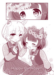  2girls ahoge animal_ears blush bow bowtie closed_eyes commentary_request ear_covers flower_wreath hairband happy_birthday head_wreath highres horse_ears horse_girl horse_tail long_sleeves monochrome multiple_girls nishino_flower_(umamusume) open_mouth pleated_skirt school_uniform seiun_sky_(umamusume) short_hair single_ear_cover sitting skirt smile tail tracen_school_uniform umamusume yakata_mana 