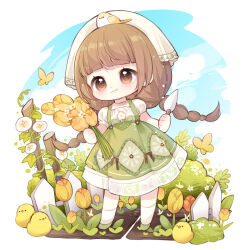  1girl :q absurdres animal_on_head apron baby_animal bare_arms bird bird_on_head blue_sky blunt_bangs border bouquet bow bow_apron braid brown_bow brown_eyes brown_hair bug bush butterfly chibi chick chinese_commentary choker closed_mouth clouds commentary_request dot_nose dress eyelashes fence floral_print flower garden gardening green_apron green_shoes happy headscarf highres holding holding_bouquet holding_shovel infinity_nikki kneehighs lace lace_choker light_blush light_particles long_hair looking_ahead loose_hair_strand low_twin_braids medium_dress nikki_(series) nuli_de_chengzhi_er on_head orange_flower pleated_dress print_apron print_dress puffy_short_sleeves puffy_sleeves shoes short_sleeves shovel sky smile socks solo spring_blossom_(infinity_nikki) standing tareme tongue tongue_out tulip twin_braids very_long_hair white_border white_choker white_dress white_flower white_headscarf white_socks yellow_butterfly yellow_flower 