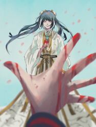  1boy 1girl alternate_universe aqua_eyes bags_under_eyes black_hair black_sash blood blood_on_clothes blood_on_hands bun_cover china_dress chinese_clothes coat commentary cosplay double_bun dress english_commentary eyeball hair_bun highres holding holding_eyeball hong_lu_(project_moon) hvcassini98 jia_mu_(project_moon) jia_mu_(project_moon)_(cosplay) jia_xichun_(project_moon) limbus_company long_hair multicolored_hair open_clothes open_coat petals pink_petals pov pov_hands project_moon reaching reaching_towards_another sash smile twintails two-tone_hair waist_sash white_coat white_dress white_hair yellow_eyes 