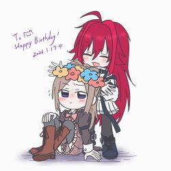  2girls :3 :d =_= ???_(assault_lily) ahoge arm_at_side assault_lily behind_another belt black_belt black_boots black_pantyhose black_thighhighs blue_eyes blue_flower blush boots bow bow-shaped_hair bowtie brown_boots brown_jacket brown_skirt cat chest_harness chinese_commentary closed_eyes commentary_request crossed_ankles dated flower flower_wreath flying_sweatdrops furrowed_brow grey_background hair_between_eyes hand_on_own_knee hands_up happy_birthday harness head_wreath highres ichinomiya_michaela_himari jacket kasa_(kasa_mayulove) knee_boots knees_up lace-up_boots long_bangs long_hair long_sleeves looking_at_viewer ludvico_private_girls'_academy_school_uniform miniskirt multiple_girls nose_blush open_mouth pantyhose parted_bangs pink_bow pink_bowtie plaid_clothes plaid_skirt pleated_skirt putting_on_headwear red_flower red_hair school_uniform shirt shoe_belt shoe_soles simple_background sitting skirt smile standing thigh-highs very_long_hair wavy_mouth white_shirt white_skirt yellow_flower 