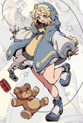  1boy black_gloves blonde_hair blue_jacket blue_shoes bridget_(guilty_gear) double-parted_bangs fingerless_gloves full_body gloves green_eyes guilty_gear guilty_gear_strive highres hood hooded_jacket itsuka_neru jacket long_sleeves looking_at_viewer male_focus open_clothes open_jacket open_mouth outstretched_arms roger_(guilty_gear) shoes short_hair smile star_(symbol) stuffed_animal stuffed_toy teddy_bear trap white_background yo-yo 