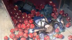  1girl :d absurdres apple arknights chinese_commentary closed_eyes commentary_request exusiai_(apple)_(arknights) exusiai_(arknights) food fruit gloves halo hat highres jacket kasane_teto looking_at_another looking_down open_clothes open_mouth pallas_(arknights) pearto skirt sleeping smile standing variant_set yise_boli 
