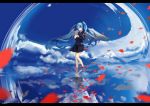  blue_eyes blue_hair cloud clouds feet_in_water formal hair_ribbon hatsune_miku letterboxed lightofheaven long_hair necktie petals reflection ribbon saihate_(vocaloid) skirt sky solo twintails very_long_hair vocaloid wading water 
