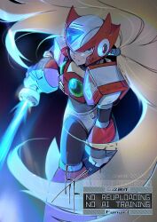  1boy android armor blonde_hair blue_eyes energy_sword forehead_jewel helmet holding holding_sword holding_weapon long_hair male_focus mega_man_(series) mega_man_x_(series) ponytail red_armor red_helmet solo standing sword to_i_to_io watermark weapon z_saber zero_(mega_man) 
