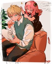  1boy 1girl ^^^ absurdres adoptive_parent_and_adoptive_child ahoge anya_(spy_x_family) black_dress black_pants blonde_hair blue_eyes closed_eyes closed_mouth collared_shirt commentary_request couch dress father_and_daughter green_sweater_vest hairpods highres hitting holding holding_notebook kneeling long_sleeves medium_hair notebook on_couch open_mouth pants peanuts_omr pink_hair pink_slippers plant shirt short_hair short_sleeves signature sitting slippers smile socks speech_bubble spy_x_family sweatdrop sweater_vest translation_request twilight_(spy_x_family) very_short_hair white_shirt white_socks 