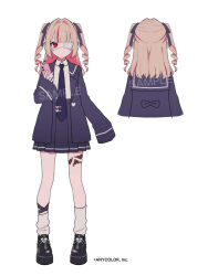  1girl black_shoes blazer blue_jacket blue_necktie blue_ribbon blue_sailor_collar blue_skirt cellphone closed_mouth collared_shirt colored_inner_hair copyright_notice cropped_torso drill_hair eyepatch from_behind full_body grey_hair hair_intakes hair_ribbon heart holding holding_phone jacket lapels leg_ribbon leg_tattoo long_hair long_sleeves looking_at_viewer loose_socks makaino_ririmu medical_eyepatch miniskirt multicolored_hair multiple_views necktie nijisanji notched_lapels official_alternate_costume official_alternate_hairstyle official_art open_clothes open_jacket phone phone_with_ears pink_hair pink_streaks platform_shoes pleated_skirt pointy_ears potti-p rabbit_ear_smartphone_case red_eyes reference_sheet ribbon sailor_collar sample_watermark school_uniform shirt shirt_tucked_in shoes sidelocks simple_background skirt sleeves_past_fingers sleeves_past_wrists smartphone smartphone_case socks standing straight-on streaked_hair tattoo tie_clip turnaround two-tone_hair two_side_up virtual_youtuber watermark white_background white_shirt white_socks winged_heart winged_heart_tattoo 