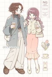  1boy 1girl :d bag black_sweater blue_coat blue_flower blue_tulip blush_stickers brown_hair brown_shoes buttons cardigan closed_mouth coat commentary commission cup disposable_coffee_cup disposable_cup drinking_straw flower full_body grey_eyes grey_outline grid_background high_heels highres holding holding_cup long_hair long_sleeves medium_hair moi03_moi08 open_clothes open_coat open_mouth original outline pants parted_bangs pink_flower pink_skirt pink_tulip purple_hair rabbit saucer shoes skirt smile standing sweater symbol-only_commentary teacup tulip turtleneck turtleneck_sweater violet_eyes watermark white_background white_flower white_pants white_shoes white_tulip yellow_cardigan 