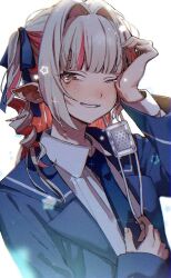  1girl backlighting blazer bloom blue_jacket blue_necktie blue_ribbon blue_sailor_collar blush collared_shirt colored_inner_hair commentary_request drill_hair eyepatch grey_hair hair_intakes hair_ribbon half-closed_eye heart highres holding_eyepatch jacket lapels long_hair long_sleeves looking_at_viewer makaino_ririmu medical_eyepatch multicolored_hair necktie ni_22 nijisanji nose_blush notched_lapels official_alternate_costume official_alternate_hairstyle one_eye_closed open_clothes open_jacket parted_lips pink_hair pink_streaks pointy_ears red_eyes ribbon sailor_collar school_uniform shirt sidelocks sleeves_past_wrists smile solo sparkle standing star_(symbol) star_symbol_background streaked_hair tearing_up tears tie_clip two-tone_hair two_side_up unworn_eyepatch upper_body virtual_youtuber white_background white_shirt wiping_tears 