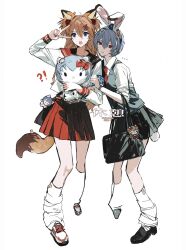  !? ... 2girls animal_ear_hairband animal_ears ayanami_rei bag bag_charm black_bag black_shoes black_skirt blue_hair blue_nails character_charm charm_(object) collarbone fake_animal_ears fake_tail fox_ears fox_tail full_body grey_eyes hair_between_eyes hair_ornament hairband hairclip half_updo headgear hello_kitty_(character) highres loafers long_hair loose_socks multiple_girls nail_polish necktie neon_genesis_evangelion open_mouth orange_hair parted_lips pleated_skirt rabbit_ears rabbit_tail red_eyes red_necktie red_sailor_collar red_skirt sailor_collar school_uniform serafuku shirt shoes short_hair shoulder_bag shuishuisama skirt sneakers socks souryuu_asuka_langley tail twintails v vest watch watch white_background white_shirt white_shoes white_socks 