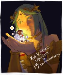  1boy 1girl ahoge angel angel_wings anniversary artist_collaboration black_background brown_hair captainludraws chain circlet commentary crying crying_with_eyes_open cupping_hands english_commentary gold_chain green_eyes green_hair highres kid_icarus kid_icarus_uprising laurel_crown mini_person miniboy own_hands_together palutena pit_(kid_icarus) sparkle surachibee tears wings 