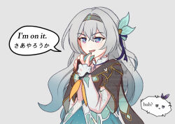  2girls aqua_dress black_hairband blue_ribbon brown_jacket cielrayze collared_dress commentary detached_sleeves dress english_commentary firefly_(honkai:_star_rail) frilled_dress frills gradient_hair green_pupils grey_hair hair_between_eyes hair_intakes hair_ornament hair_ribbon hairband honkai:_star_rail honkai_(series) jacket long_hair long_sleeves multicolored_hair multiple_girls neckerchief open_mouth orange_neckerchief ribbon ribbon-trimmed_sleeves ribbon_trim silver_wolf_(honkai:_star_rail) smile speech_bubble white_sleeves 