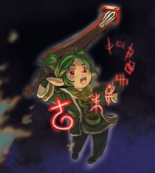  1girl adventurer_(ff11) commentary_request elf final_fantasy final_fantasy_xi full_body gradient_background green_eyes holding holding_sword holding_weapon naohiro_ito open_mouth original pointy_ears red_eyes short_hair short_twintails solo sword tarutaru twintails weapon 