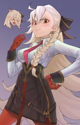  ahoge black_corset blush bow braid breasts closed_eyes corset crying fate/grand_order fate_(series) gloves hair_between_eyes hair_bow highres large_breasts long_hair necktie nemophila_(artist) olga_marie_animusphere olga_marie_animusphere_(unbeast) orange_hair red_gloves red_thighhighs smile smug streaming_tears tears thigh-highs very_long_hair white_hair wrist_cuffs 