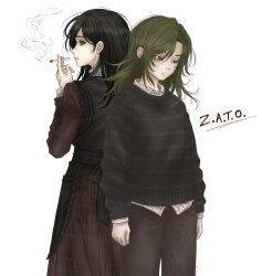  2girls absurdres apron arms_at_sides back-to-back bags_under_eyes black_apron black_hair black_sweater brown_dress brown_eyes brown_pants cigarette closed_mouth commentary copyright_name curtained_hair dress empty_eyes fingernails green_eyes green_hair hand_up hashtag-only_commentary highres holding holding_cigarette ira_grachevskaya long_hair long_sleeves looking_down marina_kaplan multiple_girls pants school_uniform simple_background smoke smoking souel soviet_school_uniform sweater turning_head white_background z.a.t.o._//_i_love_the_world_and_everything_in_it 