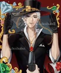  1other 2boys :d absurdres aegyo_sal animification at_gunpoint black_eyes black_gloves black_hat black_jacket blue_gem border bright_pupils chain chain_necklace chinese_commentary closed_mouth collarbone collared_shirt commentary_request diamond_(gemstone) dual_persona earrings fang gem gloves gold_necklace gold_ring green_gem grey_background gun hair_between_eyes handgun hands_up hat headset henry_stickmin henry_stickmin_(series) highres holding holding_gun holding_weapon jacket jewelry laobaibaibaibai layered_sleeves lofter_username male_focus medium_hair mole mole_under_eye multiple_boys necklace open_mouth outside_border pov pov_hands red_border red_gem red_pupils ring shirt simple_background smile solo_focus sparkle straight-on stud_earrings teeth thick_eyebrows three-quarter_sleeves top_hat upper_body upper_teeth_only weapon white_hair white_shirt 