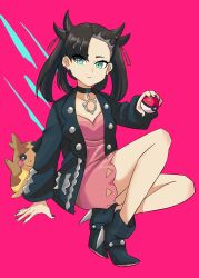  1girl absurdres alula456 asymmetrical_bangs black_boots black_choker black_hair black_jacket black_nails boots choker closed_mouth dress ear_piercing expressionless green_eyes highres holding holding_poke_ball jacket marnie_(pokemon) morpeko morpeko_(full) piercing pink_dress poke_ball poke_ball_(basic) pokemon pokemon_(creature) pokemon_swsh purple_background simple_background sitting undercut 