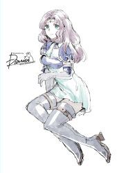  1girl armor artist_logo belt black_boots blue_eyes boots breastplate brown_belt commentary_request dress fire_emblem fire_emblem:_the_blazing_blade florina_(fire_emblem) full_body gloves himmeldavenport light_smile logo long_hair looking_at_viewer purple_hair short_dress short_sleeves simple_background solo thigh_belt thigh_boots thigh_strap three-quarter_sleeves wavy_hair white_background white_dress white_gloves 