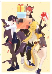  1boy 2girls absurdres animal_ear_fluff animal_ear_piercing animal_ears arms_up bandaged_arm bandages black_gloves black_hair black_jacket blonde_hair blue_shoes blue_skirt blush border bow box brown_pantyhose chanshin0095 closed_eyes closed_mouth collar collarbone colored_inner_hair commentary confetti crossed_bangs dog_boy dog_ears ellen_joe ellen_joe_(on_campus) english_commentary fingerless_gloves fins fish_tail from_side gift gift_box gloves hair_between_eyes happy_birthday high-waist_shorts highres holding holding_gift holding_stuffed_toy jacket ju_fufu komano_manato leg_up long_hair multicolored_hair multiple_girls official_alternate_costume open_mouth pantyhose razor_blade_hair_ornament red_bandage red_hair scar scar_across_eye scar_on_face scar_on_tail shark_girl shark_tail shirt shoes short_hair shorts skirt sneakers socks spiked_jacket standing standing_on_one_leg striped_fur striped_hair stuffed_animal stuffed_shark stuffed_toy tail tail_bow tail_ornament thigh_strap tiger_ears tiger_girl tiger_stripes tiger_tail white_border white_shirt white_shoes white_socks yellow_background yellow_jacket zenless_zone_zero 