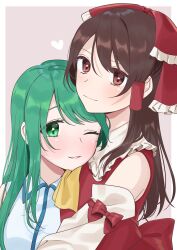  2girls absurdres ascot back_bow bare_shoulders blush border bow breasts brown_eyes brown_hair closed_mouth collared_dress collared_shirt commentary_request detached_sleeves dress eyes_visible_through_hair frilled_bow frills green_eyes green_hair hair_between_eyes hair_bow hair_ornament hair_tubes hakurei_reimu heart highres hug kochiya_sanae long_hair long_sleeves looking_at_viewer medium_breasts multiple_girls no_headwear one_eye_closed open_mouth pink_background red_bow red_dress shirt smile touhou tsuno_no_hito upper_body white_border white_shirt wide_sleeves yellow_ascot yuri 