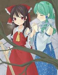  2girls absurdres ascot blue_scarf blue_skirt bow breath broom brown_eyes brown_hair chest_sarashi cold commentary_request detached_sleeves frilled_bow frilled_hair_tubes frills frog_hair_ornament green_hair hair_bow hair_ornament hair_tubes hakurei_reimu hand_grab highres holding holding_broom kochiya_sanae long_hair multiple_girls red_bow red_skirt ribbon-trimmed_sleeves ribbon_trim sarashi scarf single_hair_tube skirt skirt_set snake_hair_ornament touhou tsuno_no_hito yellow_ascot yuri 