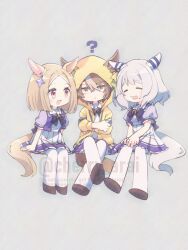  3girls ? animal_ears arai_cherry blonde_hair blush bow bowtie breasts brown_hair closed_eyes closed_mouth deformed dicta_striker_(umamusume) ear_covers ear_ornament ears_through_headwear ears_through_hood grey_hair hair_between_eyes highres hishi_miracle_(umamusume) hood hooded_jacket hoodie horse_ears horse_girl horse_tail jacket long_sleeves medium_breasts medium_hair multicolored_hair multiple_girls narita_top_road_(umamusume) open_mouth pleated_skirt puffy_short_sleeves puffy_sleeves purple_bow purple_bowtie purple_shirt sailor_collar sailor_shirt school_uniform shirt short_hair short_sleeves simple_background single_ear_cover skirt smile streaked_hair tail thigh-highs tongue tongue_out tracen_school_uniform umamusume umamusume:_cinderella_gray violet_eyes white_hair white_sailor_collar white_skirt white_thighhighs yellow_eyes yellow_hood yellow_hoodie yellow_jacket 