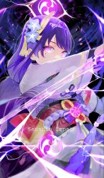  1girl absurdres arm_up back_bow blunt_bangs blurry bow braid bridal_gauntlets bug butterfly commentary_request depth_of_field electricity electro_symbol_(genshin_impact) genshin_impact glowing glowing_butterfly glowing_eyes glowing_weapon hair_between_eyes highres holding holding_sword holding_weapon japanese_clothes katana kimono korean_commentary long_braid long_hair long_sleeves looking_at_viewer looking_to_the_side mitsudomoe_(shape) mole mole_under_eye musou_isshin_(genshin_impact) niri_(eunhaha02) powering_up purple_hair purple_kimono raiden_shogun red_sash ribbon sash single_braid solo storm sword tomoe_(symbol) upper_body violet_eyes weapon wide_sleeves 