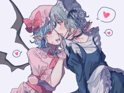  2girls amatukimahoro apron bat_wings black_choker blue_dress blue_hair choker commentary_request dress fangs frills grey_hair hands_on_another's_face hat heart heart-shaped_pupils highres izayoi_sakuya long_sleeves looking_at_another maid maid_apron maid_headdress medium_hair mob_cap multiple_girls nail_polish parted_lips pink_shirt pink_skirt pointy_ears red_eyes red_nails remilia_scarlet shirt skirt smile spoken_heart symbol-shaped_pupils teeth touhou twitter_username upper_teeth_only vampire watermark white_shirt wings 