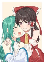  2girls absurdres ascot blush bow brown_eyes brown_hair closed_eyes closed_mouth commentary_request detached_sleeves frilled_bow frilled_hair_tubes frills green_hair hair_bow hair_tubes hakurei_reimu highres hug kochiya_sanae long_hair multiple_girls open_mouth red_bow red_skirt ribbon-trimmed_sleeves ribbon_trim skirt skirt_set smile touhou tsuno_no_hito yellow_ascot yuri 