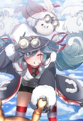  >_o 1girl 1other absurdres aqua_eyes aqua_hair arm_up binoculars black_coat black_gloves black_necktie black_shorts blush coat collared_shirt commentary_request crab fur-trimmed_coat fur-trimmed_sleeves fur_trim gloves gradient_hair hair_between_eyes hair_ornament hair_ribbon hat hatsune_miku highres holding holding_binoculars jacket long_hair long_sleeves looking_at_viewer multicolored_hair necktie official_alternate_costume official_alternate_hairstyle one_eye_closed open_mouth peaked_cap rabbit rabbit_yukine red_ribbon red_shirt ribbon sailor_hat ship's_wheel shirt short_shorts shorts striped_clothes striped_thighhighs suzakunagato thigh-highs twintails very_long_hair vocaloid white_hair white_jacket yuki_miku yuki_miku_(2022) 
