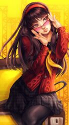  1girl adjusting_eyewear amagi_yukiko artist_name black_eyes black_hair black_pantyhose black_sailor_collar black_skirt cardigan commentary cowboy_shot crt english_commentary glasses hairband head_tilt highres houndstooth light_smile long_hair looking_to_the_side neckerchief pantyhose parted_lips persona persona_4 pink-tinted_eyewear red-framed_eyewear red_cardigan red_hairband rindroguis sailor_collar school_uniform sitting skirt solo swept_bangs television tinted_eyewear yasogami_school_uniform yellow_background yellow_neckerchief 
