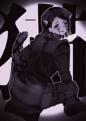  1boy animal_ears animal_hands arm_support asymmetrical_bangs black_hair black_jacket black_tail blush buttons cat_ears cat_tail colored_tips commentary_request demon_boy enmu_(kimetsu_no_yaiba) extra_ears facial_mark fangs from_behind full_body gloves green_eyes grey_background grey_pants highres hinshi_(mumunu_enm) invisible_floor jacket kemonomimi_mode kimetsu_no_yaiba long_sleeves looking_at_viewer looking_back male_focus medium_hair multicolored_hair open_mouth outline pants paw_gloves pinstripe_pants pinstripe_pattern raised_inner_eyebrows sitting smile solo suit_jacket symbol-shaped_pupils tail tareme tears_facial_mark teeth trap turning_head undershirt vignetting white_outline 