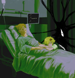  1boy 1girl absurdres antenna_hair bare_arms basil's_grandma_(omori) basil_(faraway)_(omori) basil_(omori) bed black_sweater_vest blonde_hair closed_eyes closed_mouth commentary_request crossed_arms crying crying_with_eyes_open double-parted_bangs flipped_hair flower grandmother_and_grandson green_background green_eyes hair_behind_ear hair_between_eyes hair_flower hair_ornament hair_over_one_eye head_on_pillow highres hospital hospital_bed indoors intravenous_drip leaf looking_at_viewer old old_woman omori on_bed one_eye_covered paya_(ya355932) pillow raised_inner_eyebrows red_flower self-harm shirt short_hair short_sleeves simple_background something_(omori) spoilers sweater_vest tears u_u under_covers upper_body very_short_hair white_shirt 