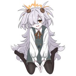  1girl black_pantyhose blue_archive bow bowtie buttons choker diagonal-striped_bow diagonal-striped_bowtie diagonal-striped_clothes dress full_body hair_bobbles hair_ornament halo highres kanoe_(blue_archive) long_hair messy_hair multicolored_eyes one_eye_covered orange_halo own_hands_together pantyhose pb_515 pinafore_dress short_twintails simple_background sleeveless sleeveless_dress solo striped_bow striped_bowtie striped_clothes twintails two-tone_eyes wavy_mouth white_background 