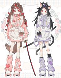  2boys alternate_costume animal_collar animal_ears apron arms_at_sides asymmetrical_legwear bandaid bandaid_on_leg black_hair brothers cat_boy cat_ears cat_tail closed_mouth collar commentary_request crescent dog_boy dog_ears dog_tail dot_mouth dot_nose earrings enmaided facial_mark floral_background full_body hanafuda_earrings holding holding_sword holding_weapon jacket jersey_maid jewelry katana kemonomimi_mode kimetsu_no_yaiba leg_warmers long_hair long_sleeves looking_to_the_side maid male_focus mismatched_legwear multiple_boys parted_bangs pink_jacket pink_leg_warmers pink_shorts purple_jacket purple_leg_warmers purple_shorts red_eyes red_streaks roller_skates sal_gun scabbard sheath shorts siblings skates spiky_hair standing sun_symbol sword tail track_jacket tsugikuni_michikatsu tsugikuni_yoriichi unconventional_maid weapon white_apron 
