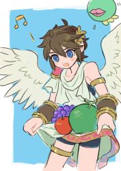  1boy :d androgynous angel angel_wings apple armlet bike_shorts bike_shorts_under_skirt blue_background blue_eyes blush_stickers bracer brown_hair collarbone commentary creature dated_commentary feathered_wings food fruit gold_armlet gold_thighlet grapes jewelry kid_icarus kid_icarus_uprising laurel_crown male_focus melon mik_(kid_icarus) musical_note nopepe open_mouth outside_border pale_skin pit_(kid_icarus) revision saliva short_hair sidelocks single_bare_shoulder smile spiky_hair spoken_musical_note thighlet white_wings wings 
