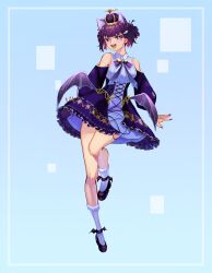  1girl :d animal_ears bat_ears bat_girl bat_wings blue_background blunt_bangs border breasts bright_pupils brooch corset crown detached_sleeves dress frilled_dress frills full_body gothic_lolita hair_ornament highres idoloid jewelry kiyoko_(utau) lolita_fashion looking_at_viewer low_wings mcdid_studio medium_breasts mini_crown necktie non-web_source official_alternate_costume official_alternate_hairstyle official_art open_mouth purple_corset purple_dress purple_hair purple_necktie purple_shoes shoes short_hair simple_background sleeveless sleeveless_dress smile socks solo standing standing_on_one_leg utau violet_eyes white_border white_pupils white_socks wing_hair_ornament winged_shoes wings 