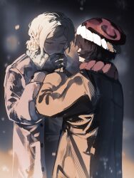  2girls alternate_costume beanie black_gloves black_hair blurry blurry_background brown_coat closed_eyes coat commentary english_commentary facing_another facing_away gloves grey_coat grey_hair hair_bun hands_up hat highres holding_hands multiple_girls red_hat red_scarf reverse:1999 scarf schneider_(reverse:1999) short_hair sidelighting single_side_bun upper_body vertin_(reverse:1999) white_scarf wilson_(wilson1151487) winter_clothes 