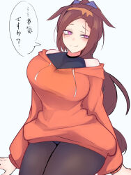  1girl animal_ears bare_shoulders breasts brown_hair commentary_request gold_hairband hairband highres hood hoodie horse_ears horse_girl horse_tail long_hair minmin731_ing ponytail sakura_bakushin_o_(umamusume) smile tail thighs umamusume 