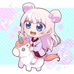  1girl :d aqua_background assault_lily blue_jacket blunt_bangs bow bowtie brown_sailor_collar chibi commentary_request double_bun frilled_skirt frills full_body hair_bow hair_bun hands_up happy_birthday highres hood hood_down jacket kanba_girls_high_school_uniform letterboxed long_hair looking_ahead miniskirt multicolored_jacket open_mouth outside_border pink_background pink_bow pink_hair pink_jacket pink_scrunchie pointing pointing_forward ponokaijo purple_shoes red_skirt riding sailor_collar school_uniform scrunchie serafuku shoes skirt smile solo striped_background tamba_akari teeth thigh-highs toy twitter_username two-tone_jacket unicorn upper_teeth_only v-shaped_eyebrows white_bow white_bowtie white_thighhighs wrist_scrunchie 