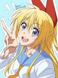  1girl anime_coloring artist_name baron_(varon666) blonde_hair blue_background blue_eyes blue_sailor_collar blush collarbone hair_between_eyes hair_ribbon highres kirisaki_chitoge long_sleeves necktie nisekoi open_mouth orange_necktie outline red_ribbon ribbon round_teeth sailor_collar school_uniform shirt signature simple_background teeth twitter_username upper_body upper_teeth_only v white_outline white_shirt 