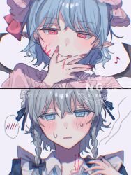  2girls @_@ amatukimahoro bite_mark bite_mark_on_neck blood blood_in_mouth blood_on_face blood_on_neck blue_dress blue_eyes blue_hair braid commentary_request dress fang grey_hair heart heart-shaped_pupils highres izayoi_sakuya licking_lips looking_at_viewer maid maid_headdress medium_hair multiple_girls nail_polish parted_lips pink_blood pink_shirt pointy_ears red_eyes red_nails remilia_scarlet shirt smile sweat sweatdrop symbol-shaped_pupils tongue tongue_out touhou twin_braids vampire watermark white_shirt 